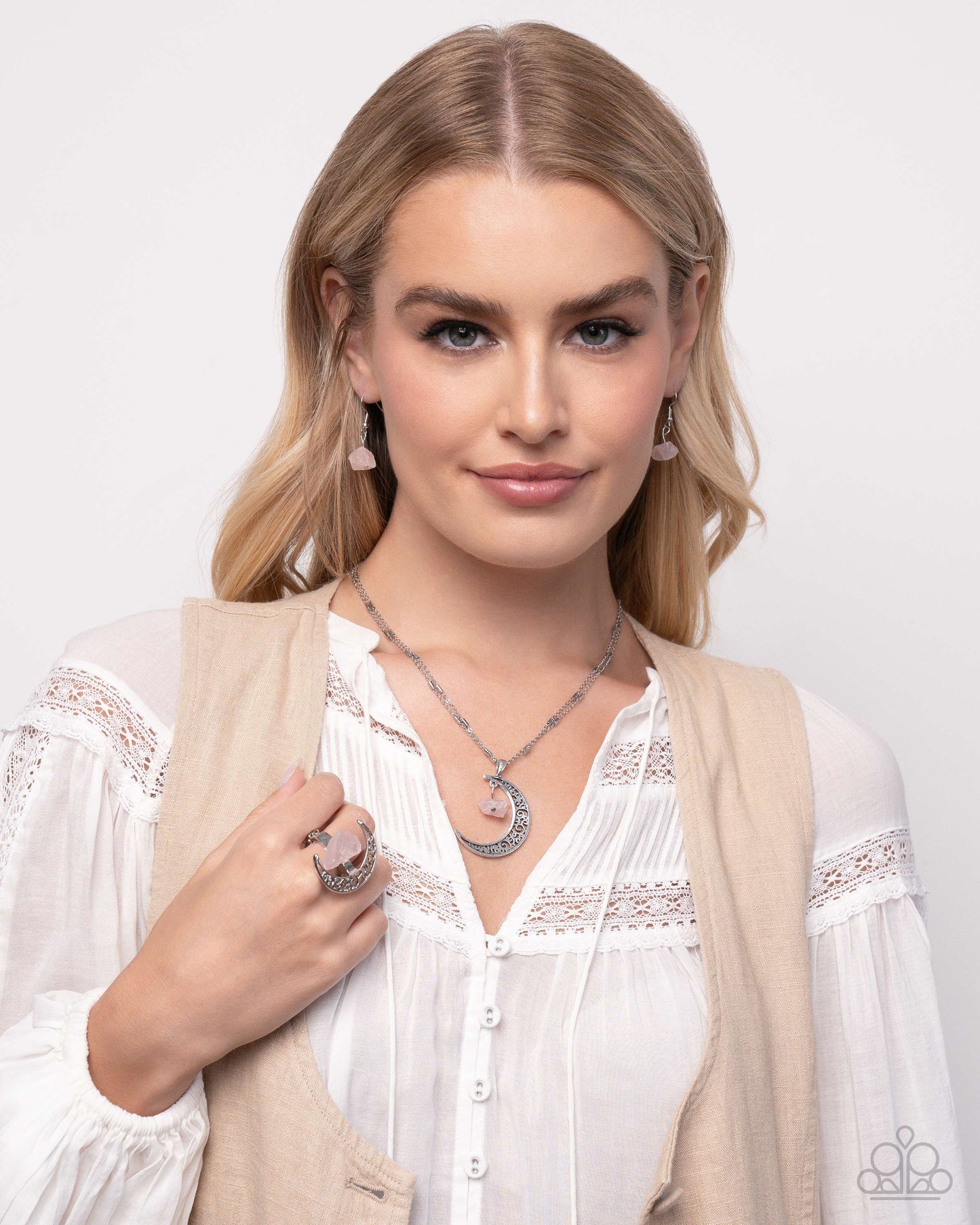 Complete Look!Crescent Charm - Pink Necklace & Ring Set