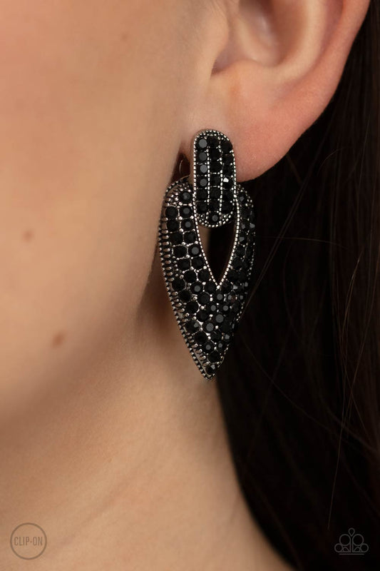 Blinged Out Buckles - Black Clip On Earring