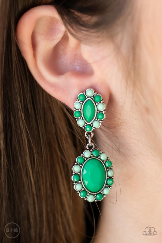 Positively Pampered - Green Clip On Earring